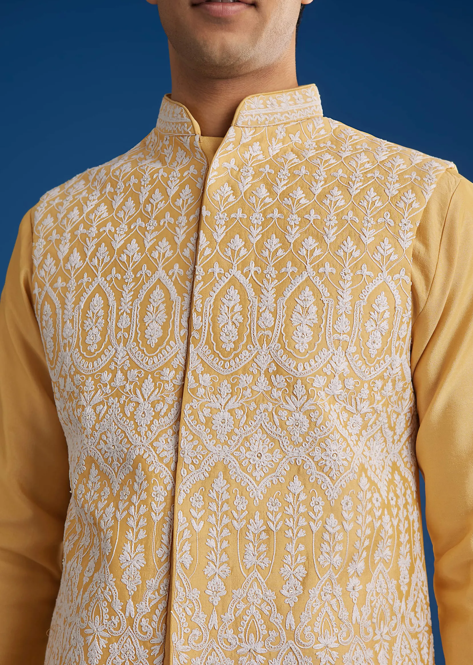 Yellow Cotton Silk Jacket Kurta Set With Threadwork