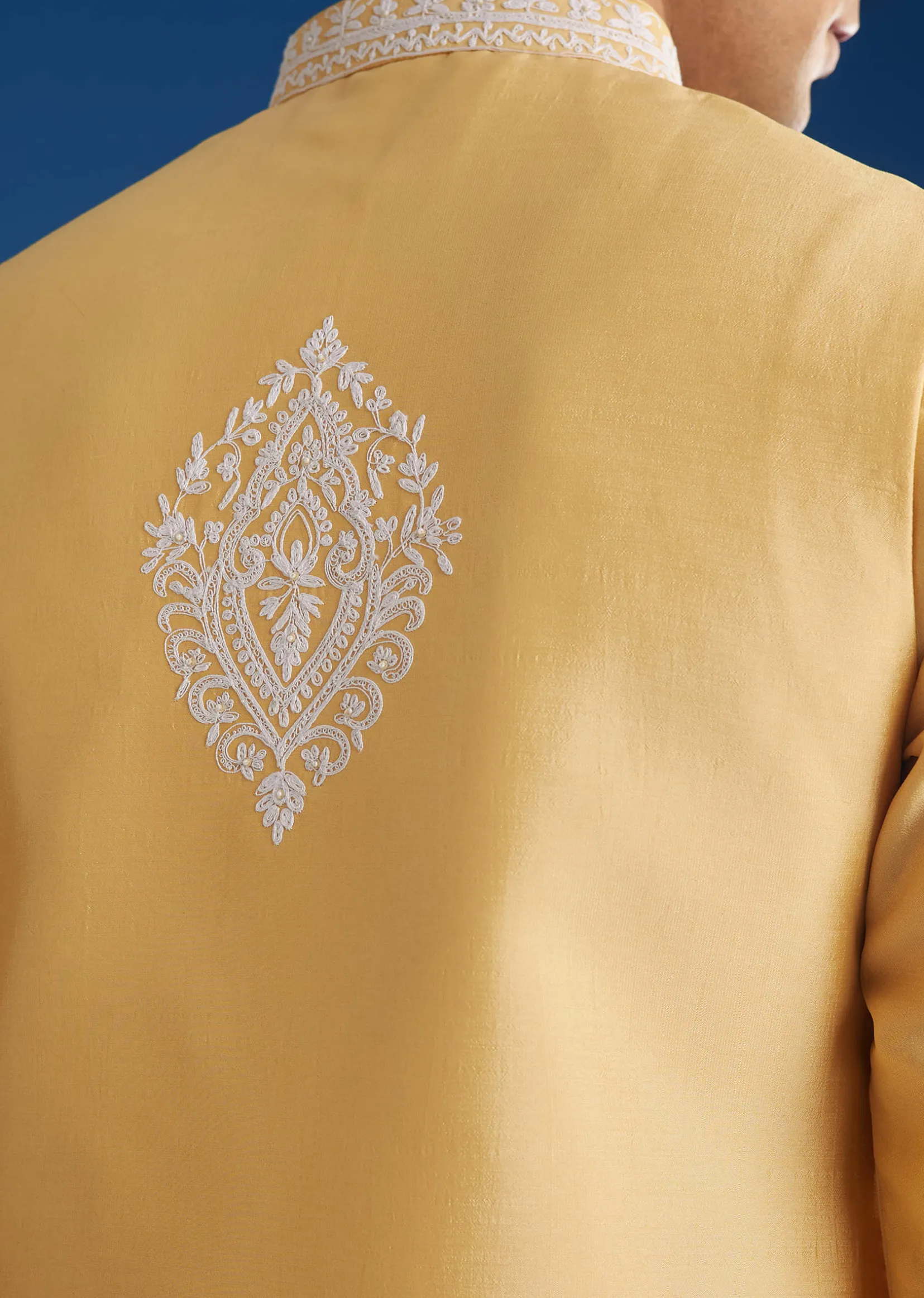 Yellow Cotton Silk Jacket Kurta Set With Threadwork
