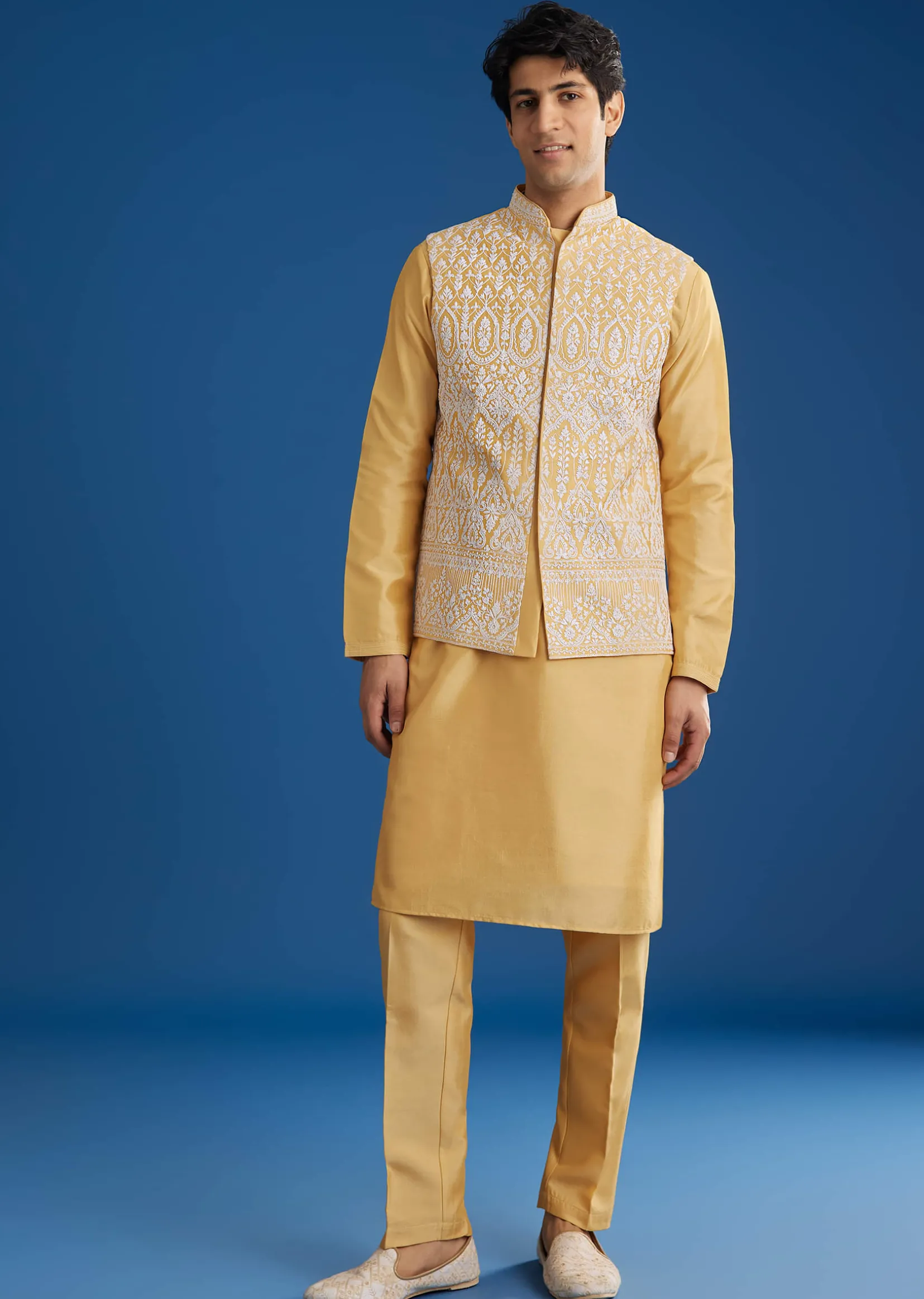 Yellow Cotton Silk Jacket Kurta Set With Threadwork