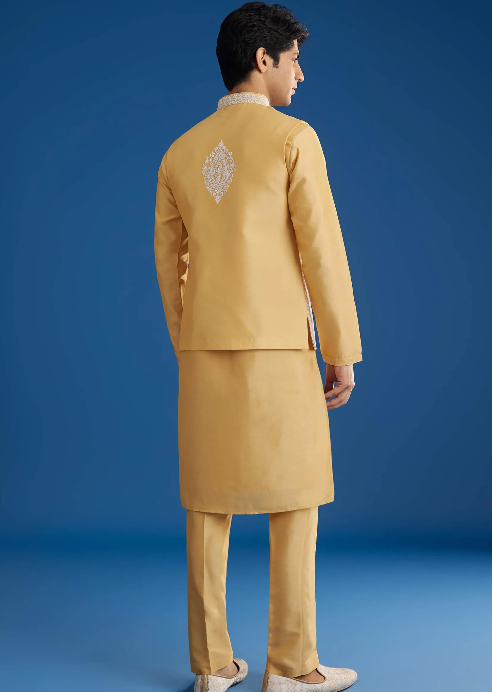 Yellow Cotton Silk Jacket Kurta Set With Threadwork