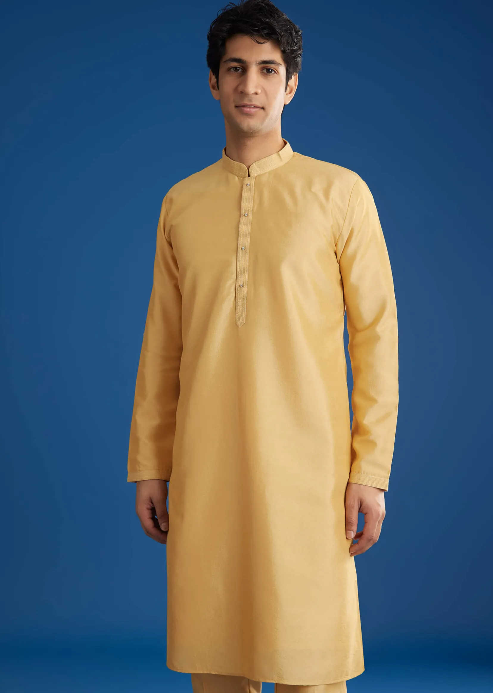 Yellow Cotton Silk Jacket Kurta Set With Threadwork
