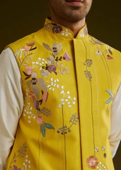Yellow Cotton Silk Kurta Set With Floral Embroidered Jacket