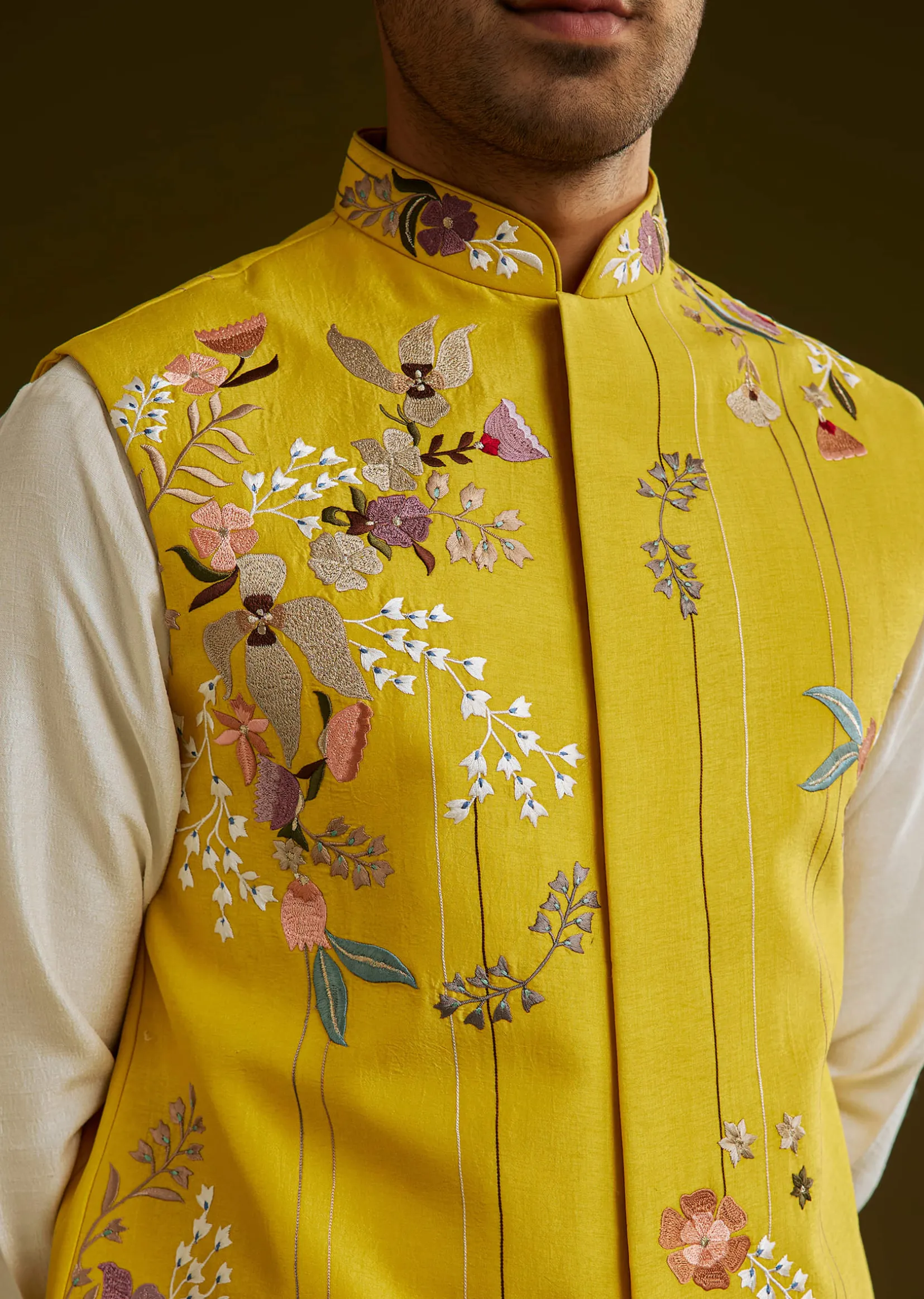 Yellow Cotton Silk Kurta Set With Floral Embroidered Jacket