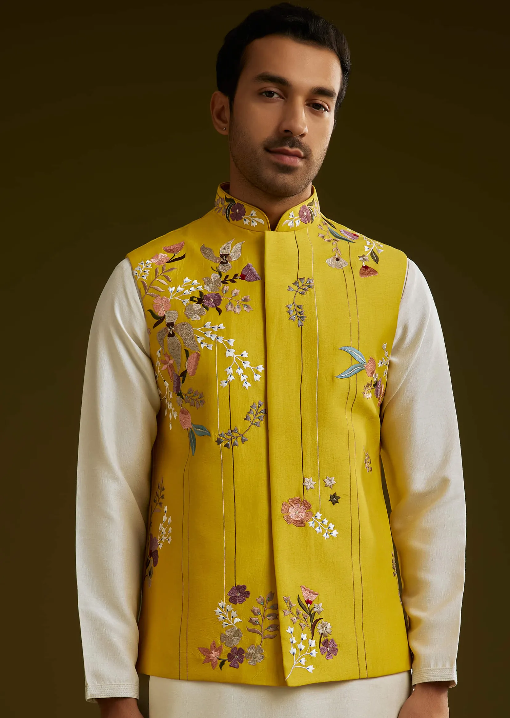 Yellow Cotton Silk Kurta Set With Floral Embroidered Jacket