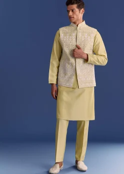 Yellow Cotton Silk Kurta Jacket Set With Mirror And Dori Work
