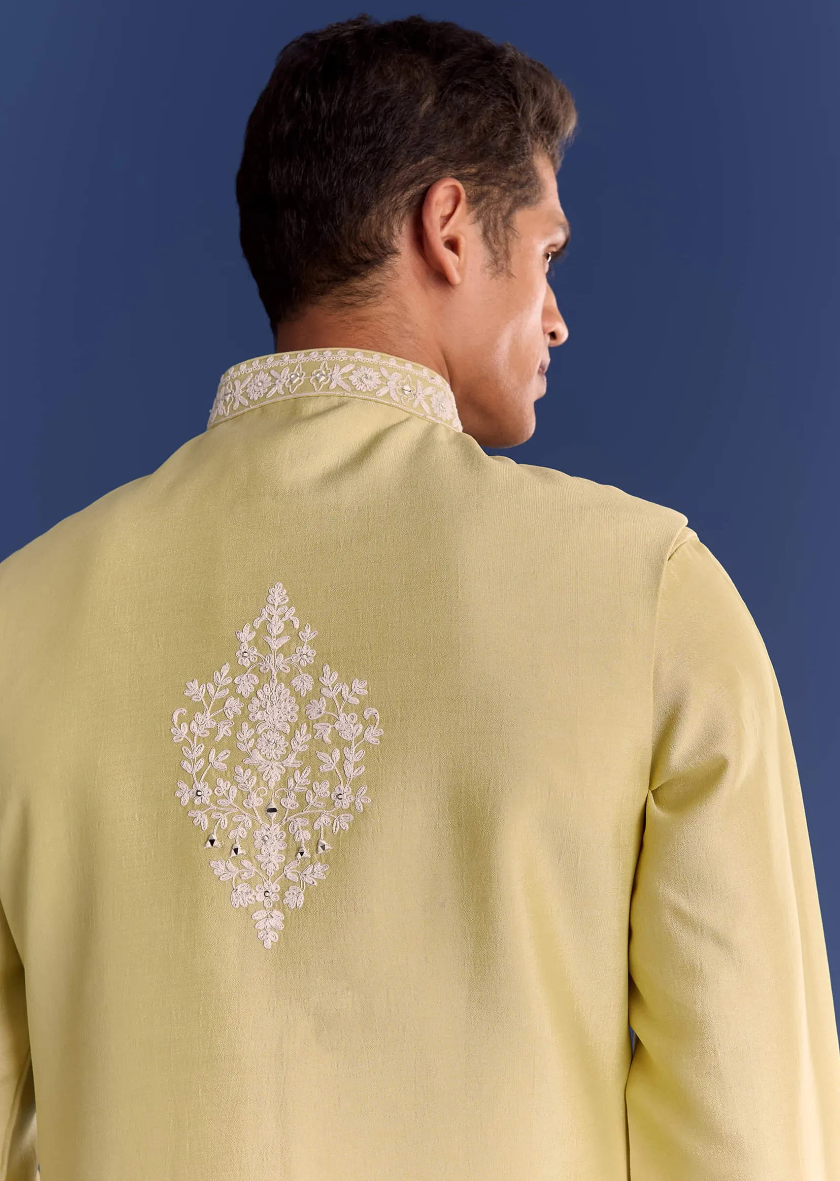 Yellow Cotton Silk Kurta Jacket Set With Mirror And Dori Work