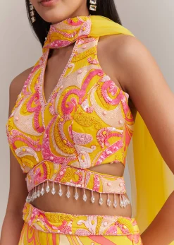 Yellow Crepe Abstract Printed Embroidered Palazzo Set