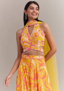 Yellow Crepe Abstract Printed Embroidered Palazzo Set