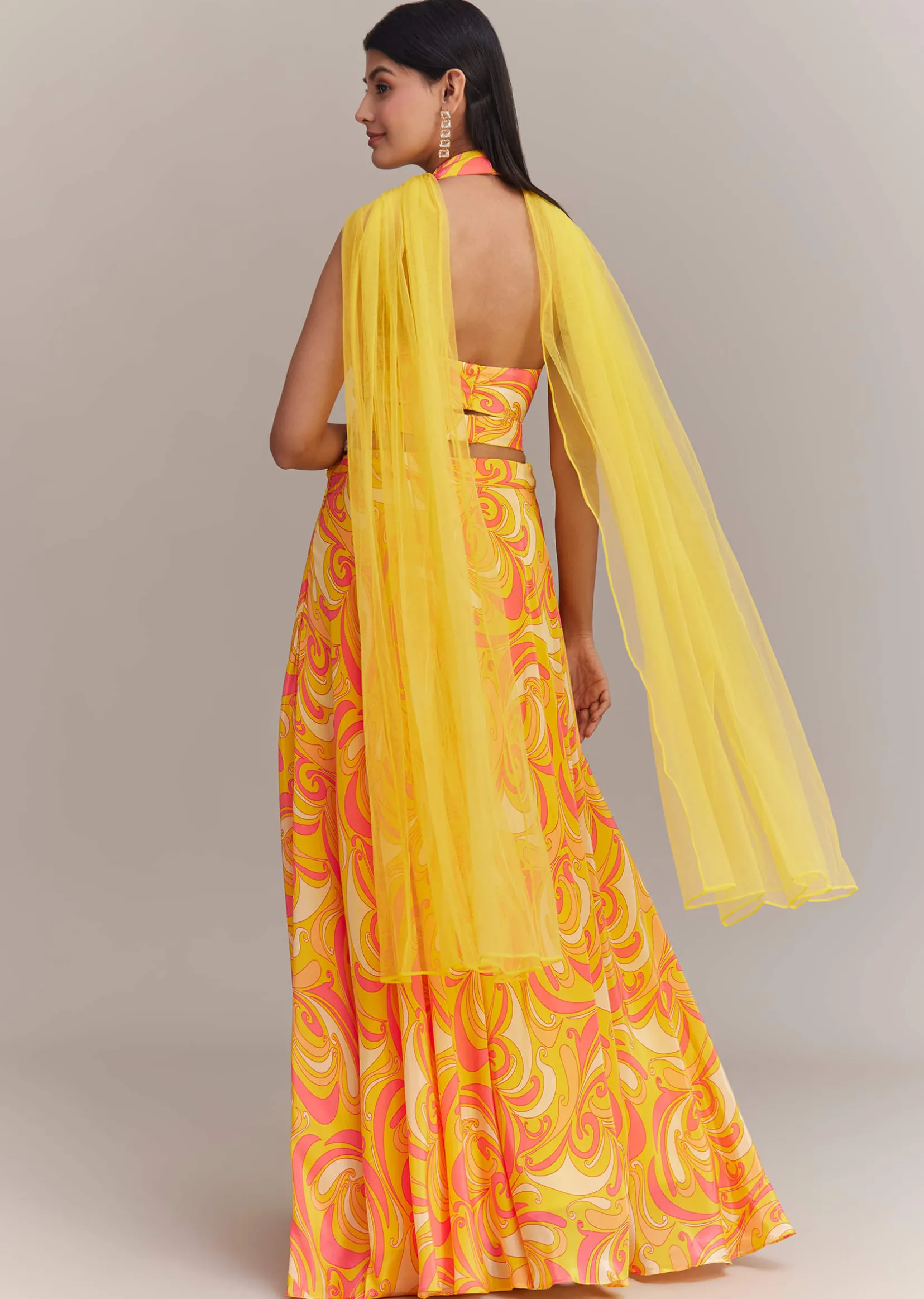 Yellow Crepe Abstract Printed Embroidered Palazzo Set