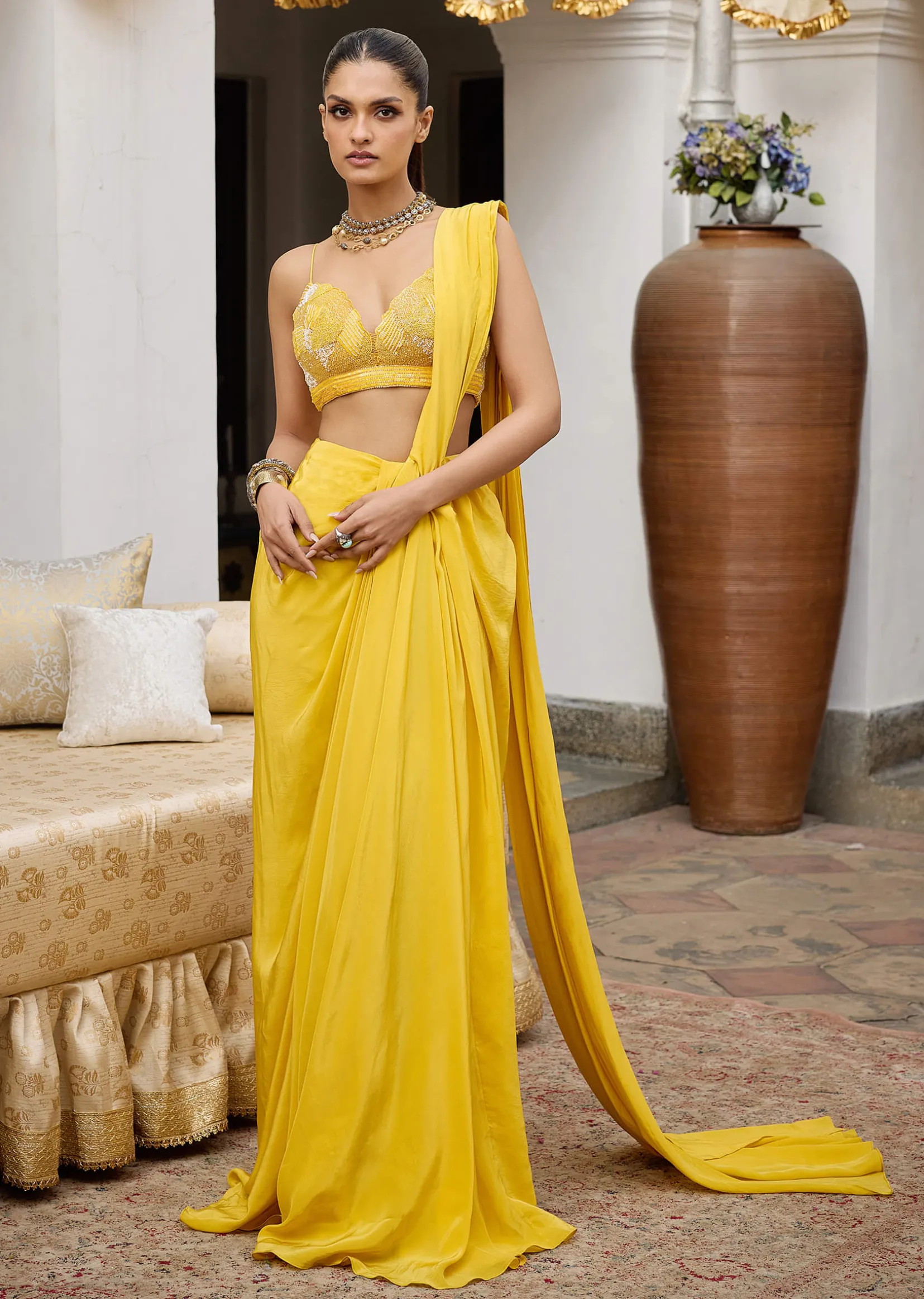 Yellow Crepe Draped Saree With Embroidered Blouse