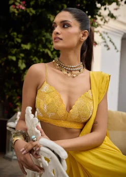 Yellow Crepe Draped Saree With Embroidered Blouse