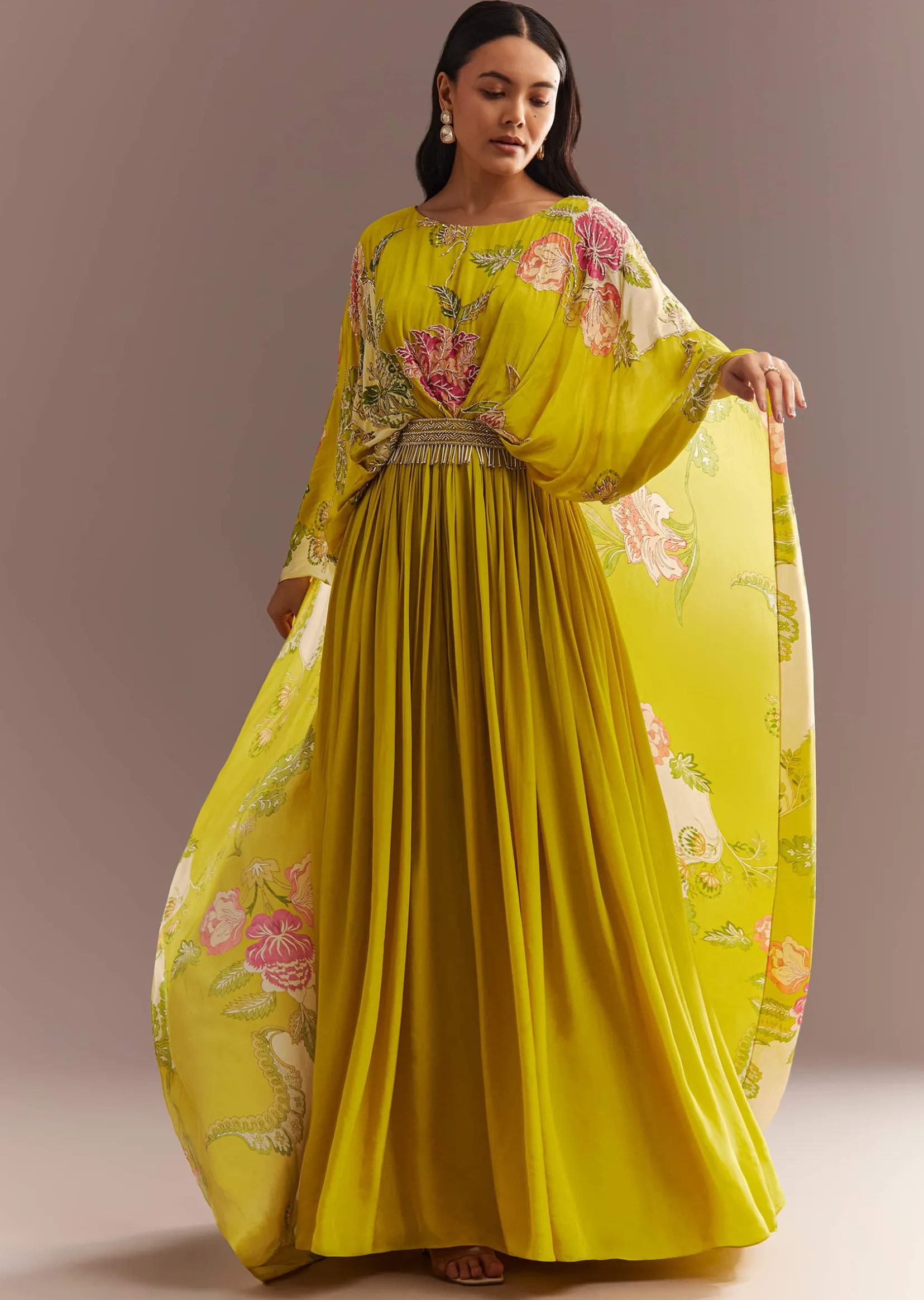 Yellow Crepe Silk Floral Printed Gown With Embroidered Belt