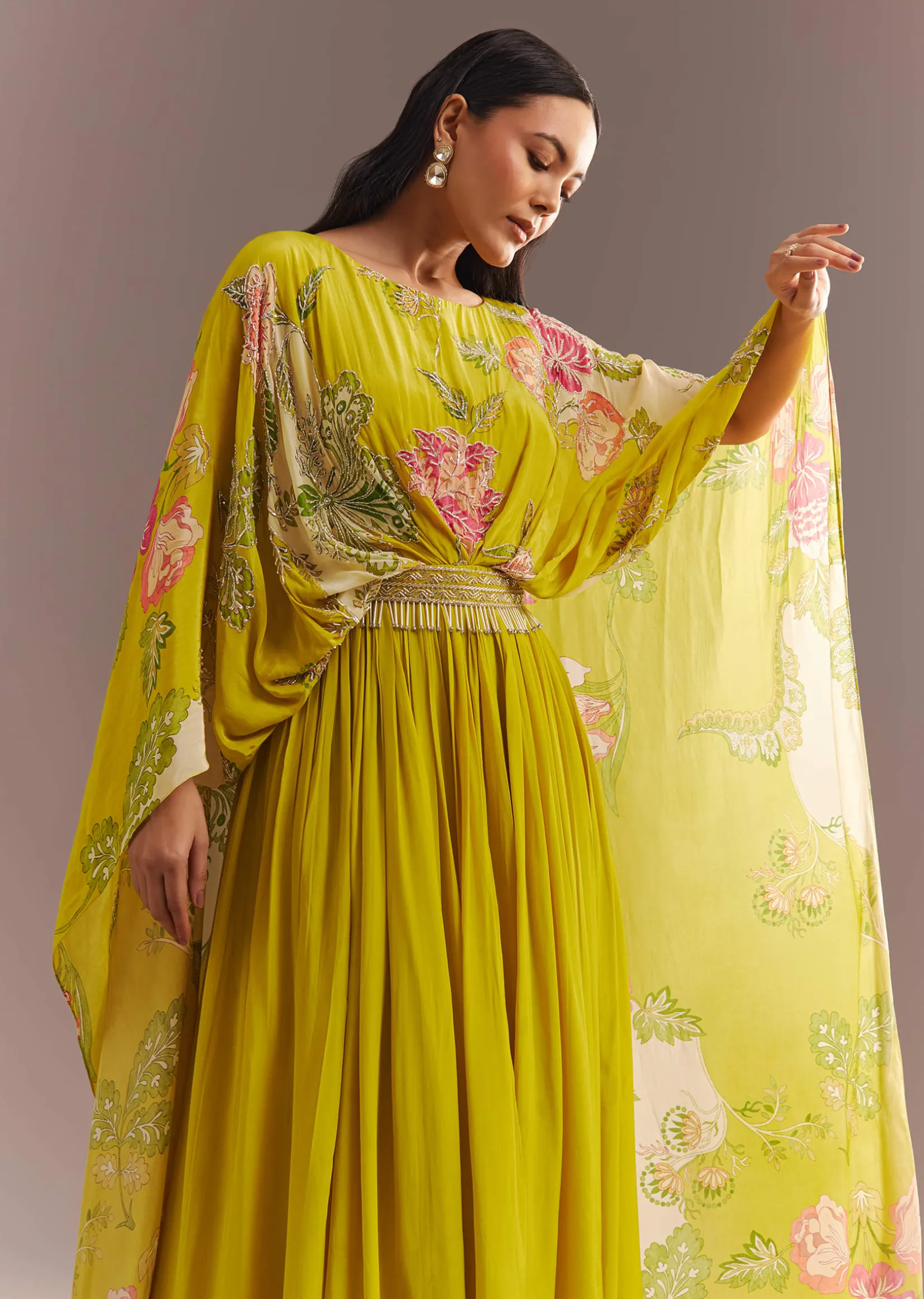 Yellow Crepe Silk Floral Printed Gown With Embroidered Belt