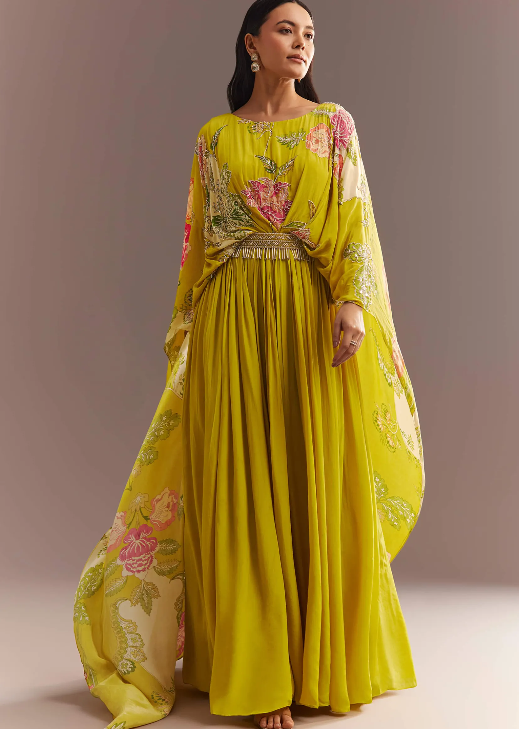 Yellow Crepe Silk Floral Printed Gown With Embroidered Belt