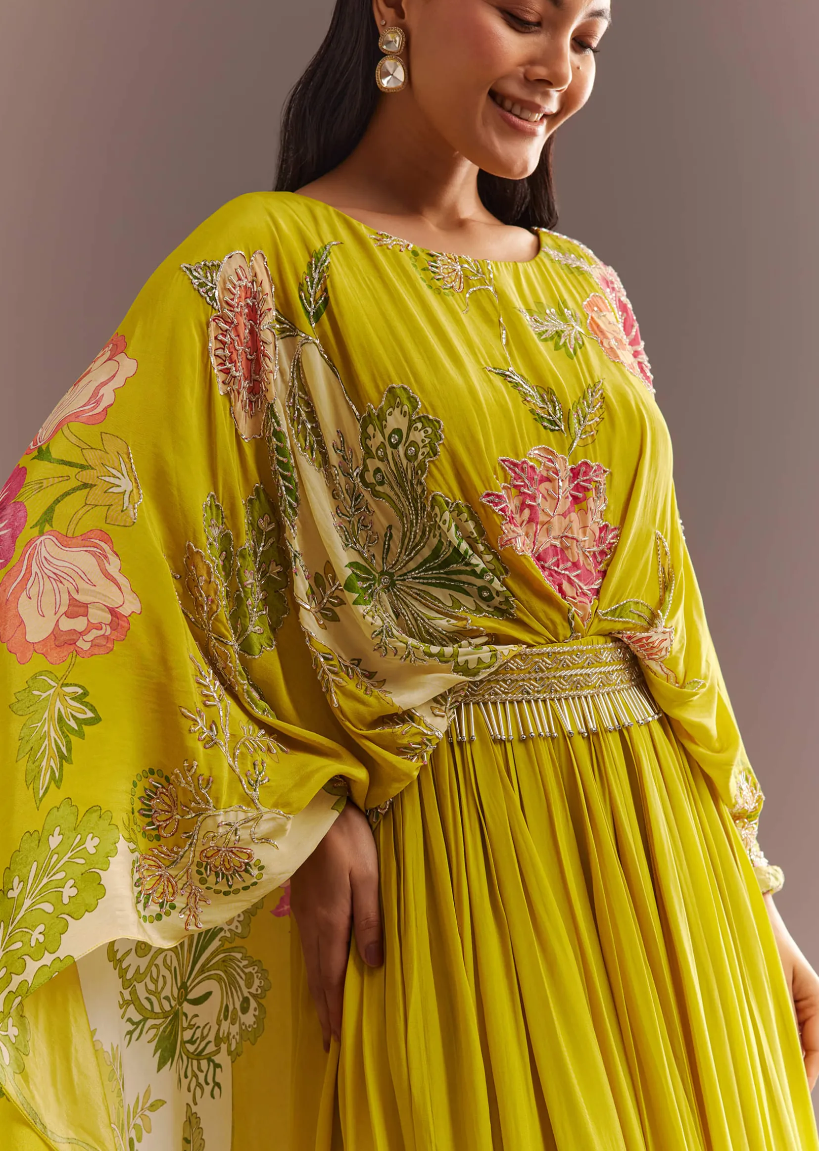 Yellow Crepe Silk Floral Printed Gown With Embroidered Belt