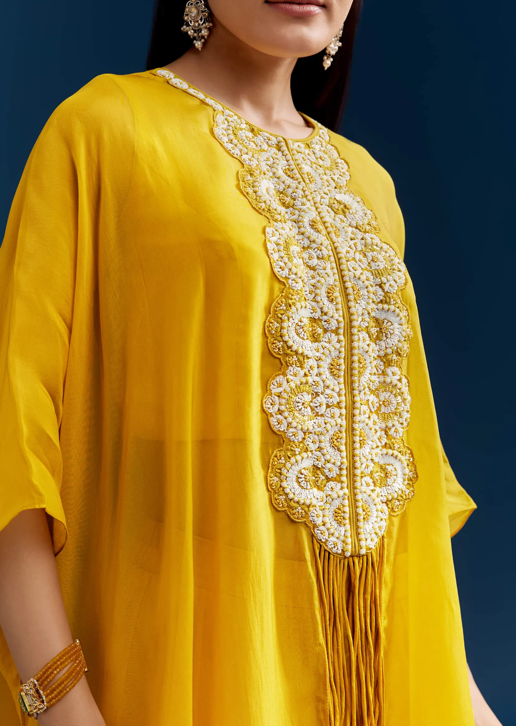 Yellow Crop Top Cape Set With Embroidery And Fancy Sleeves