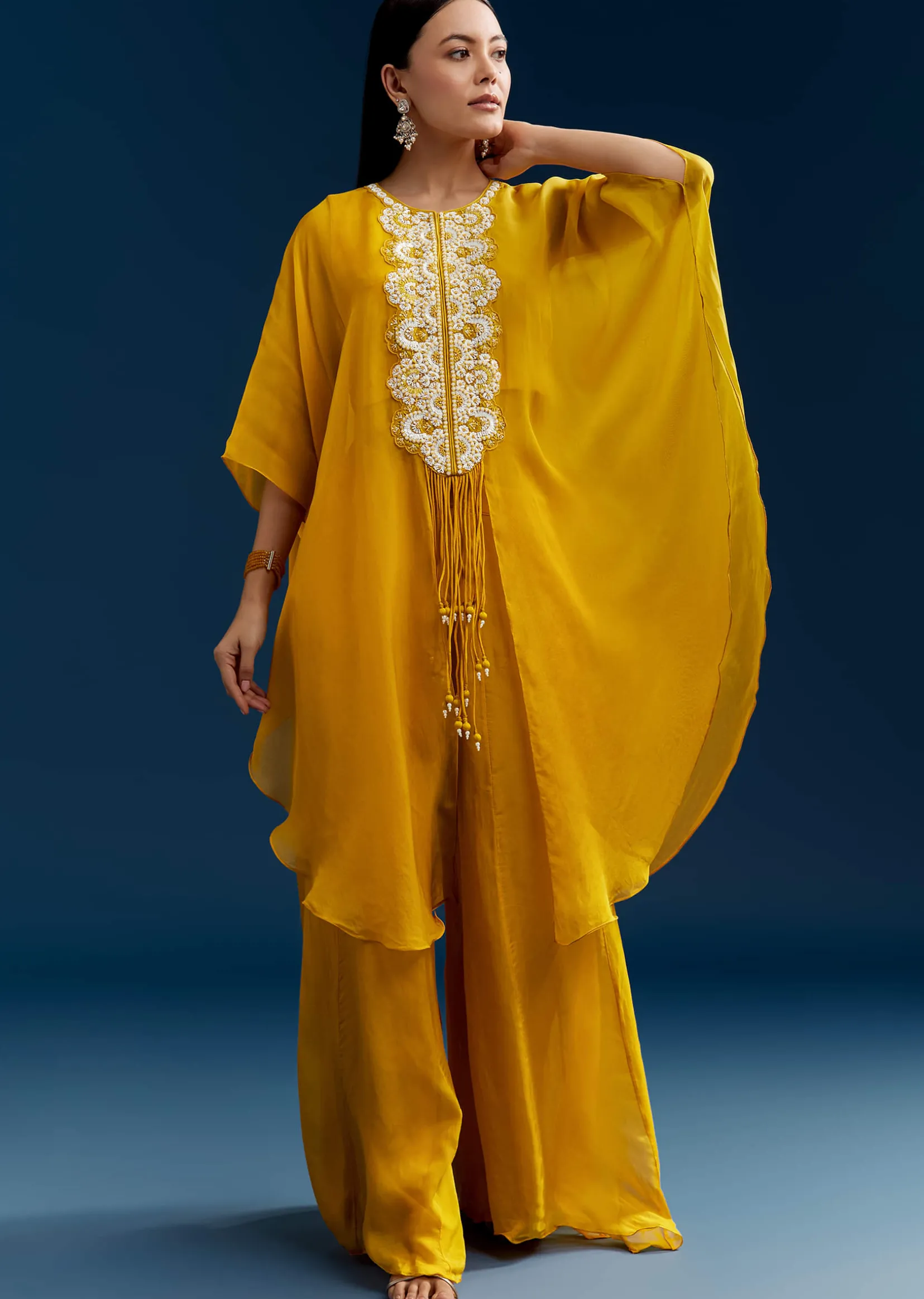Yellow Crop Top Cape Set With Embroidery And Fancy Sleeves