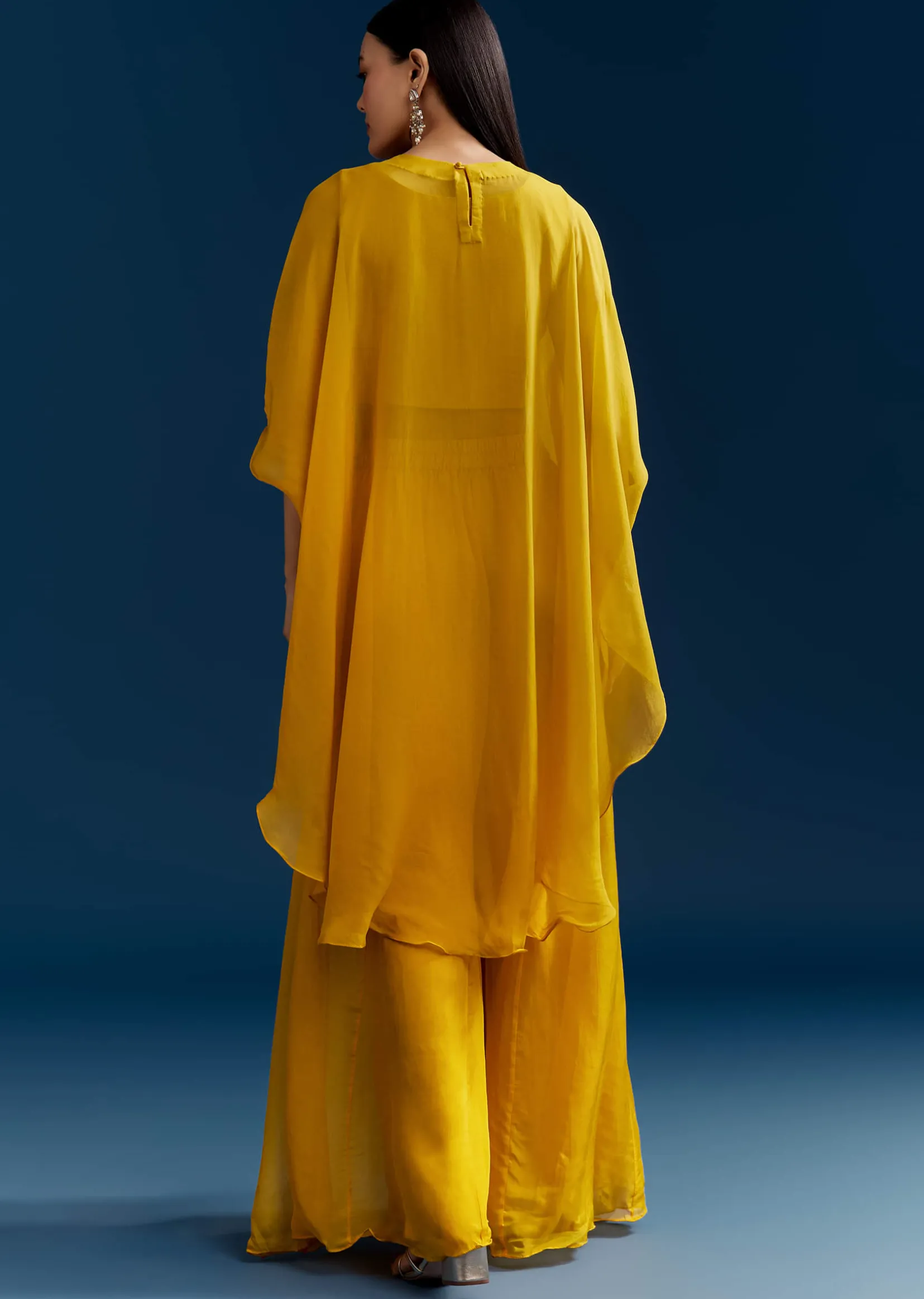 Yellow Crop Top Cape Set With Embroidery And Fancy Sleeves