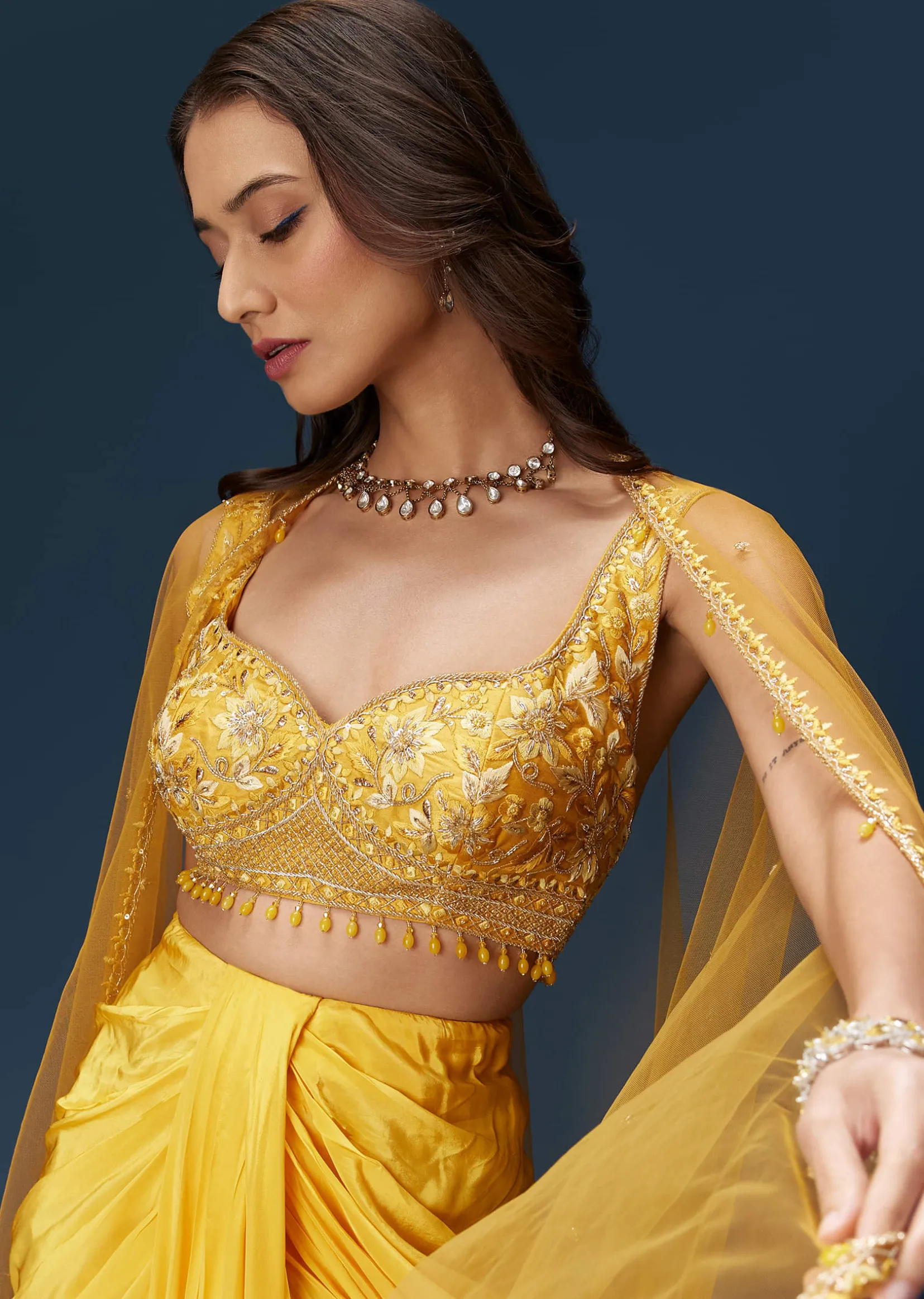 Yellow Crop Top Set With Embroidered Blouse And Drape Dupatta