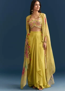 Yellow Crop Top Skirt With Floral Cape And Resham Detailing