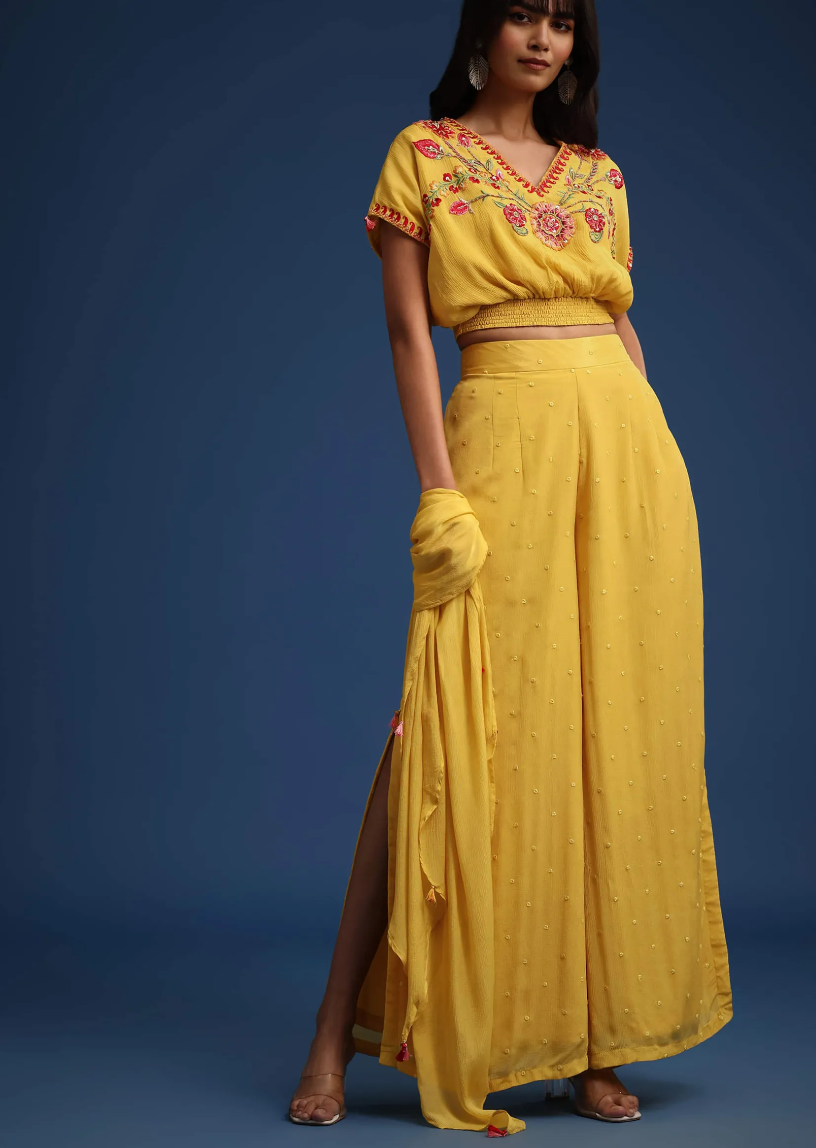 Yellow Crop Top With Slit Palazzo And Scarf