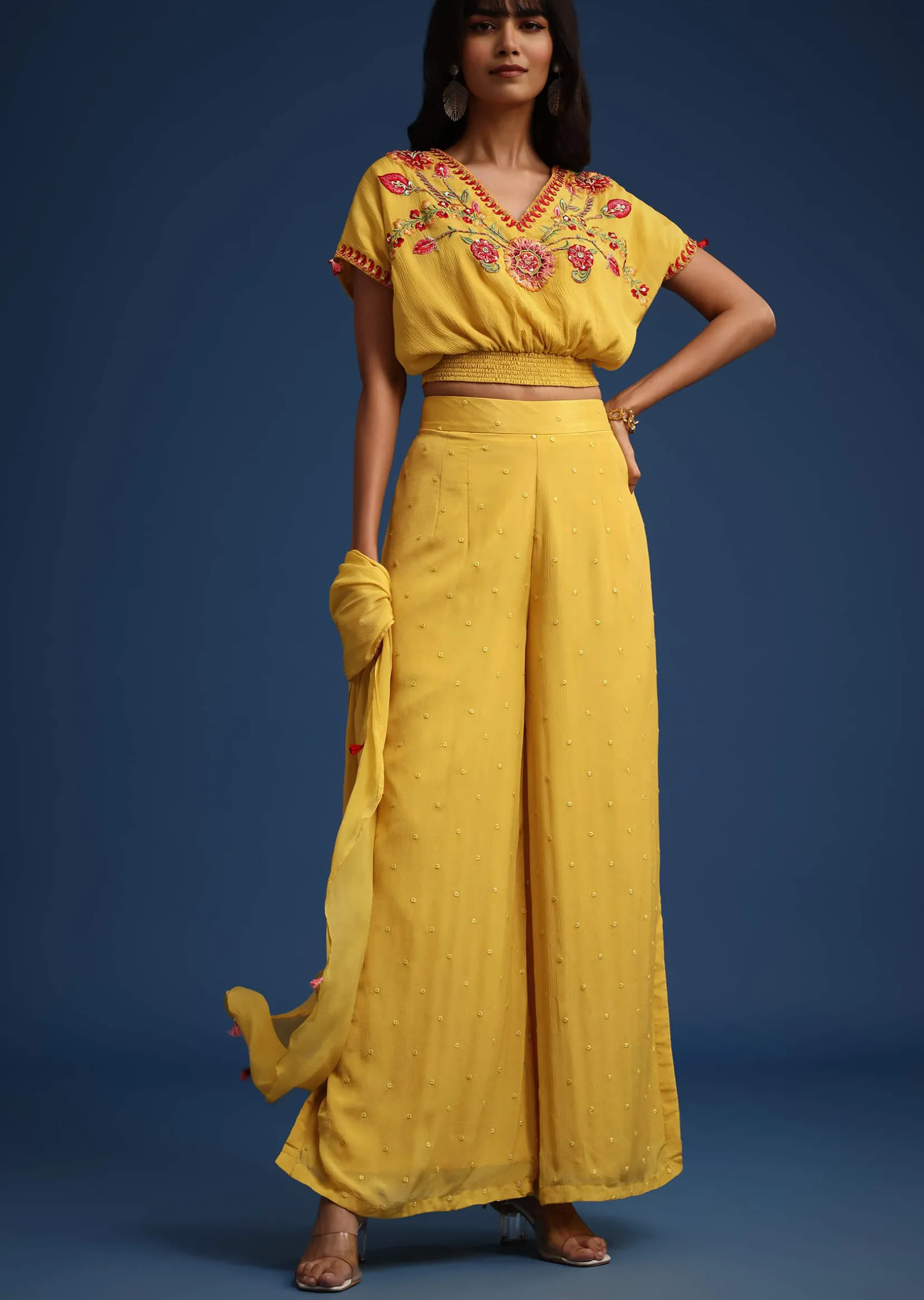 Yellow Crop Top With Slit Palazzo And Scarf