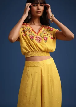 Yellow Crop Top With Slit Palazzo And Scarf