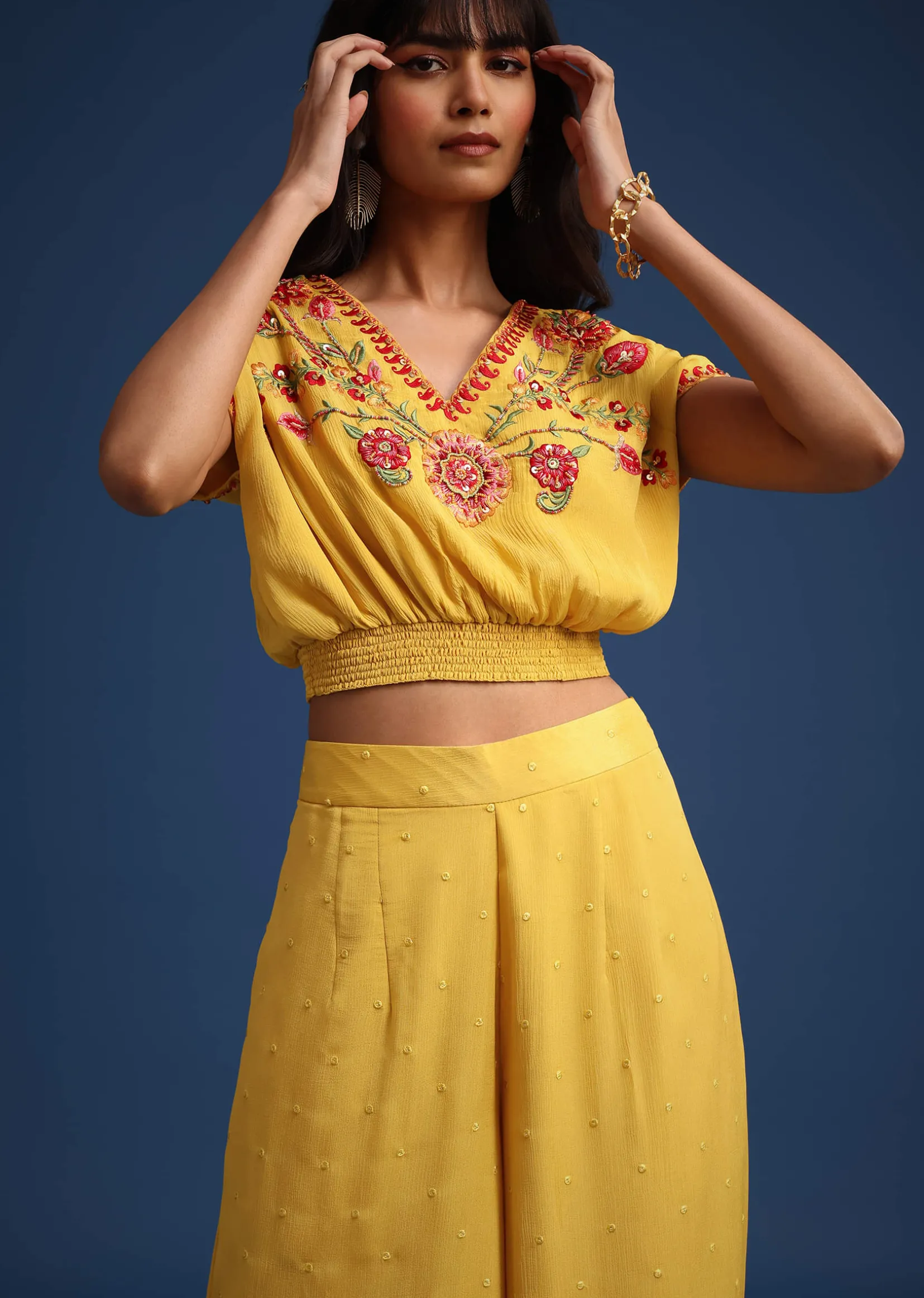 Yellow Crop Top With Slit Palazzo And Scarf
