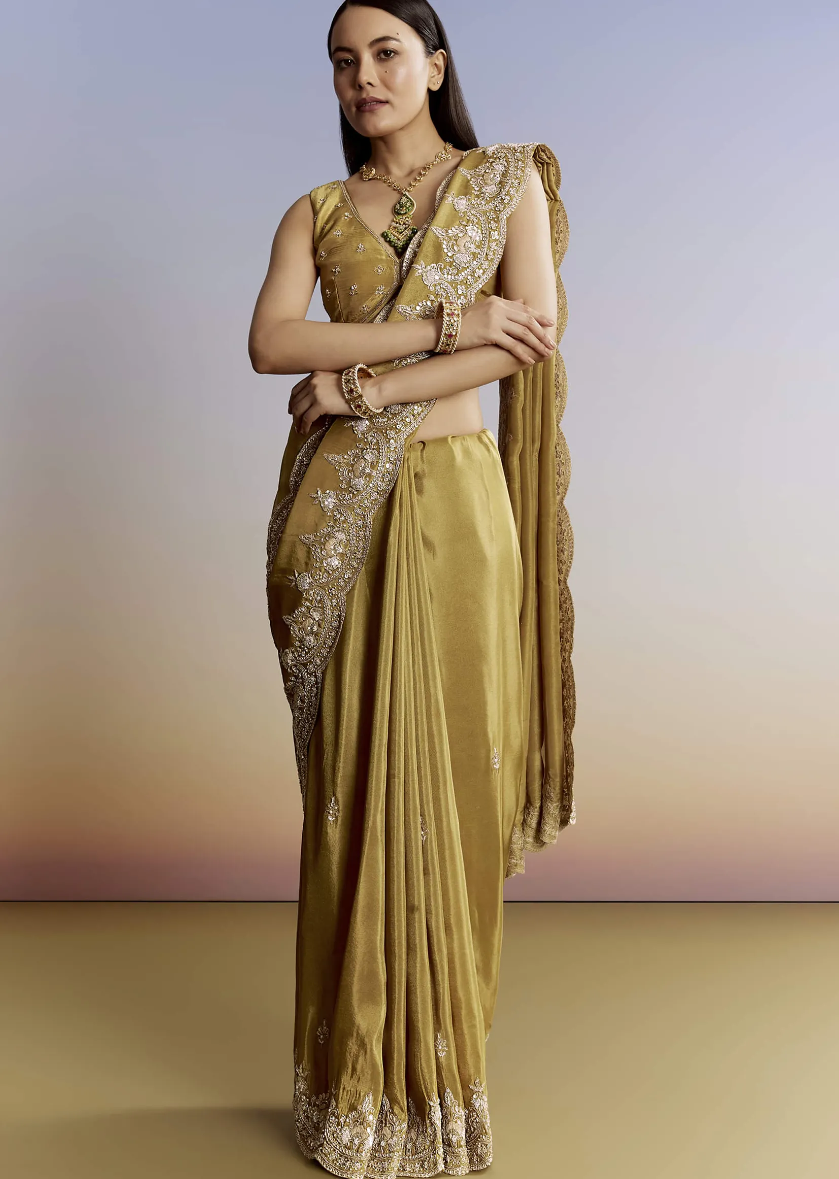 Yellow Crush Tissue Saree With Gota Zari And Beads Embroidery