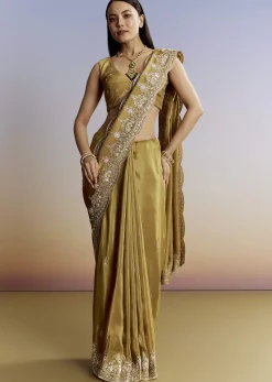 Yellow Crush Tissue Saree With Gota Zari And Beads Embroidery