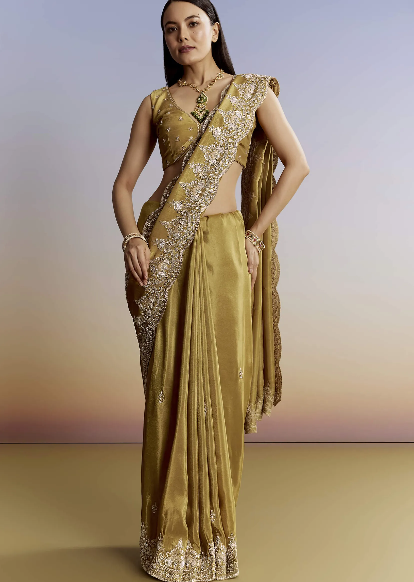 Yellow Crush Tissue Saree With Gota Zari And Beads Embroidery