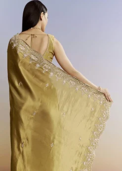 Yellow Crush Tissue Saree With Gota Zari And Beads Embroidery