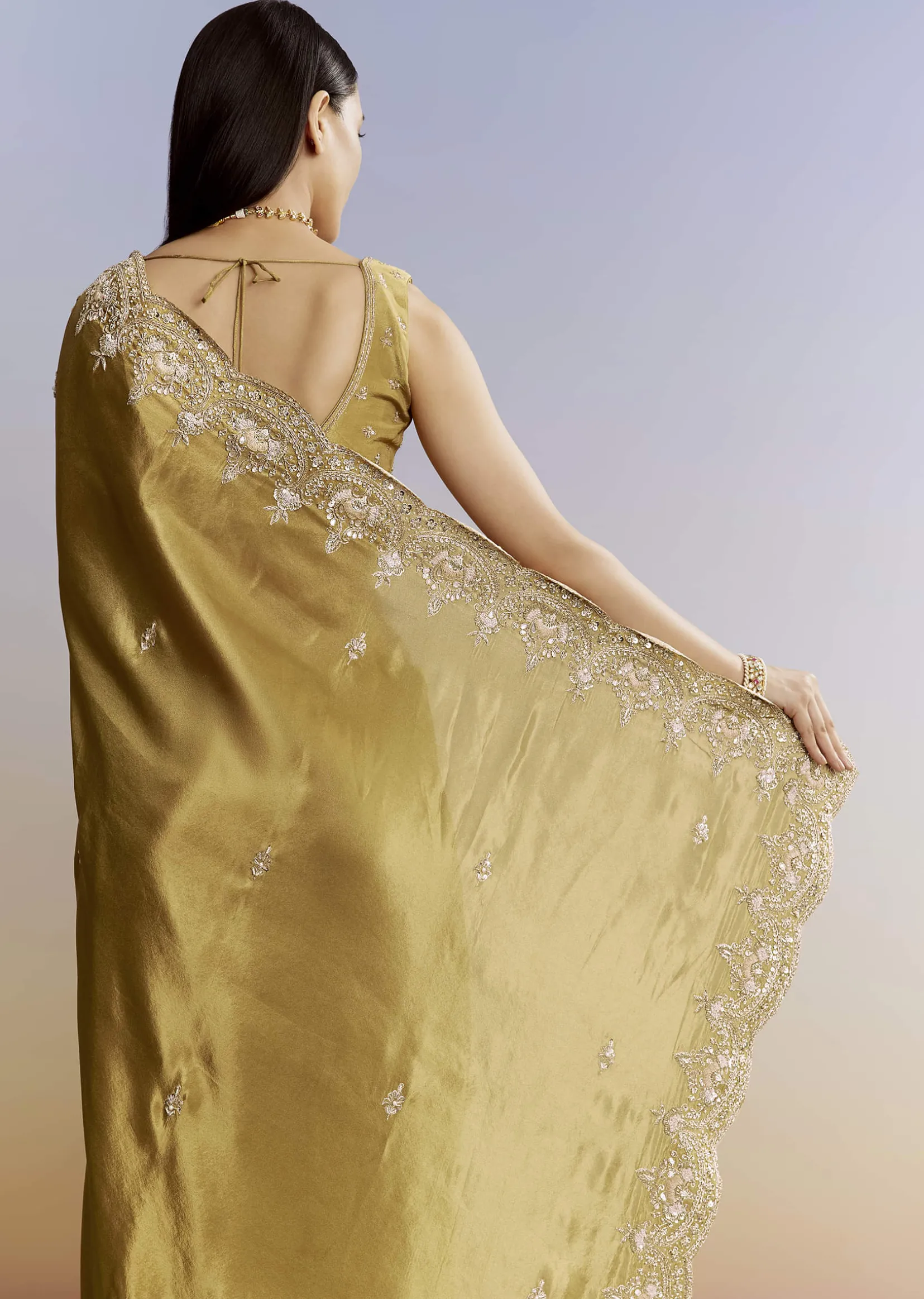 Yellow Crush Tissue Saree With Gota Zari And Beads Embroidery