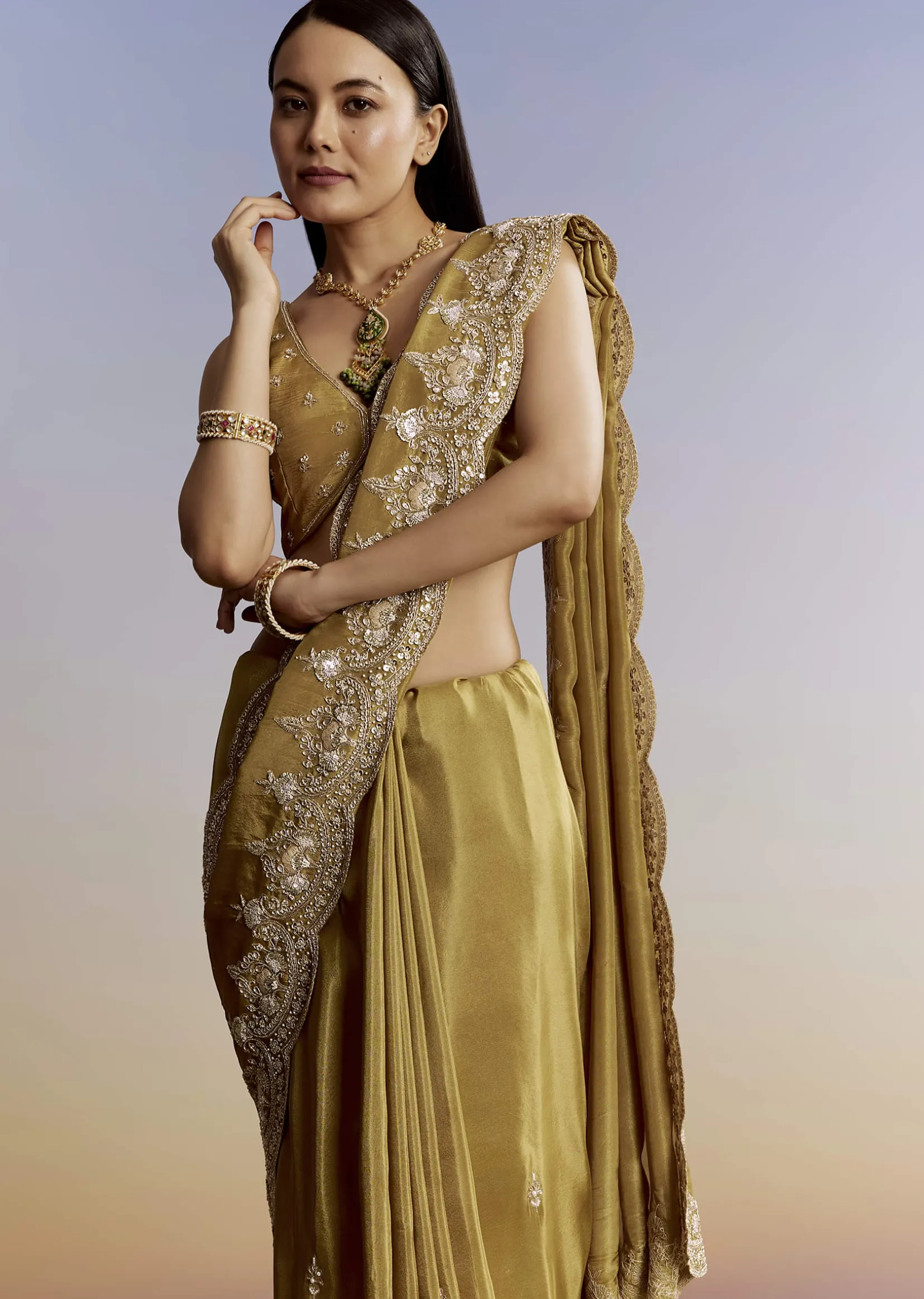 Yellow Crush Tissue Saree With Gota Zari And Beads Embroidery