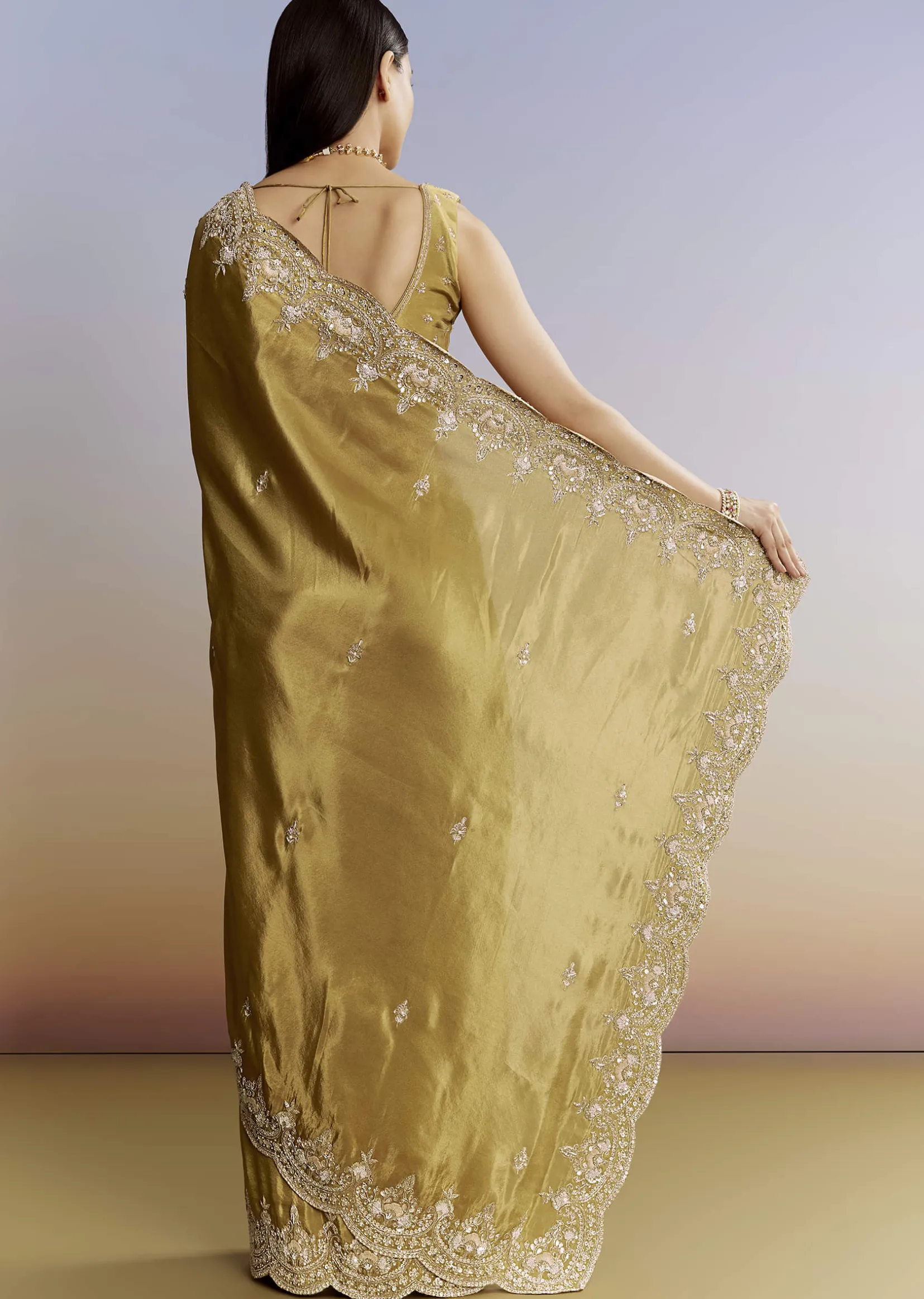 Yellow Crush Tissue Saree With Gota Zari And Beads Embroidery