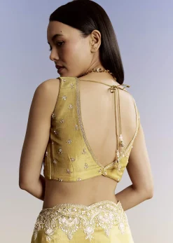 Yellow Crush Tissue Saree With Gota Zari And Beads Embroidery