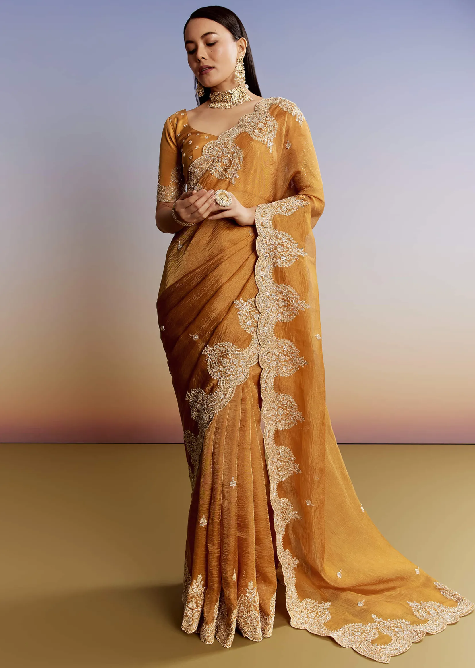 Yellow Crush Tissue Saree With Heavy Embroidered Border And Blouse