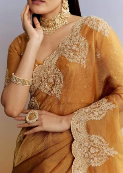 Yellow Crush Tissue Saree With Heavy Embroidered Border And Blouse