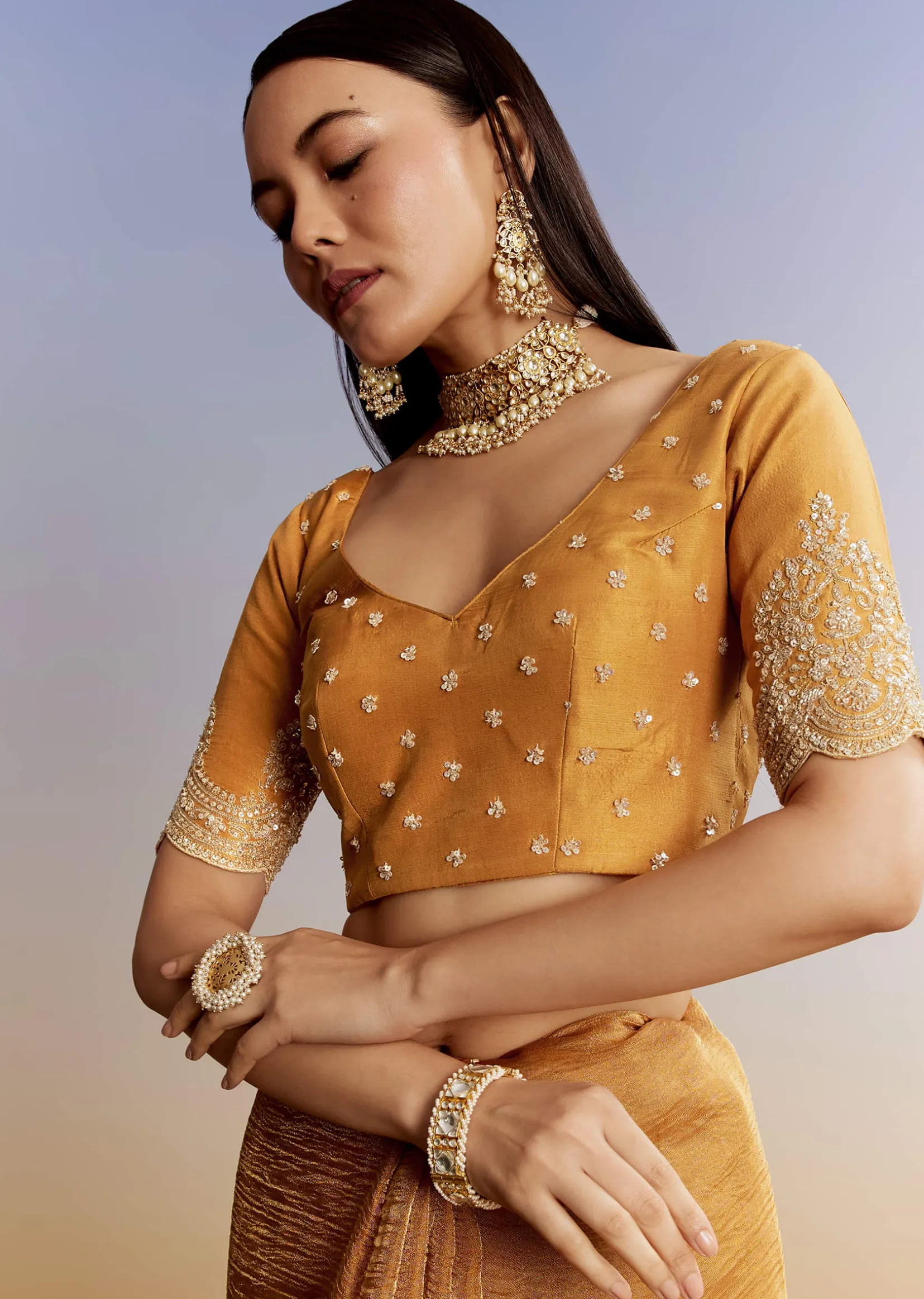 Yellow Crush Tissue Saree With Heavy Embroidered Border And Blouse