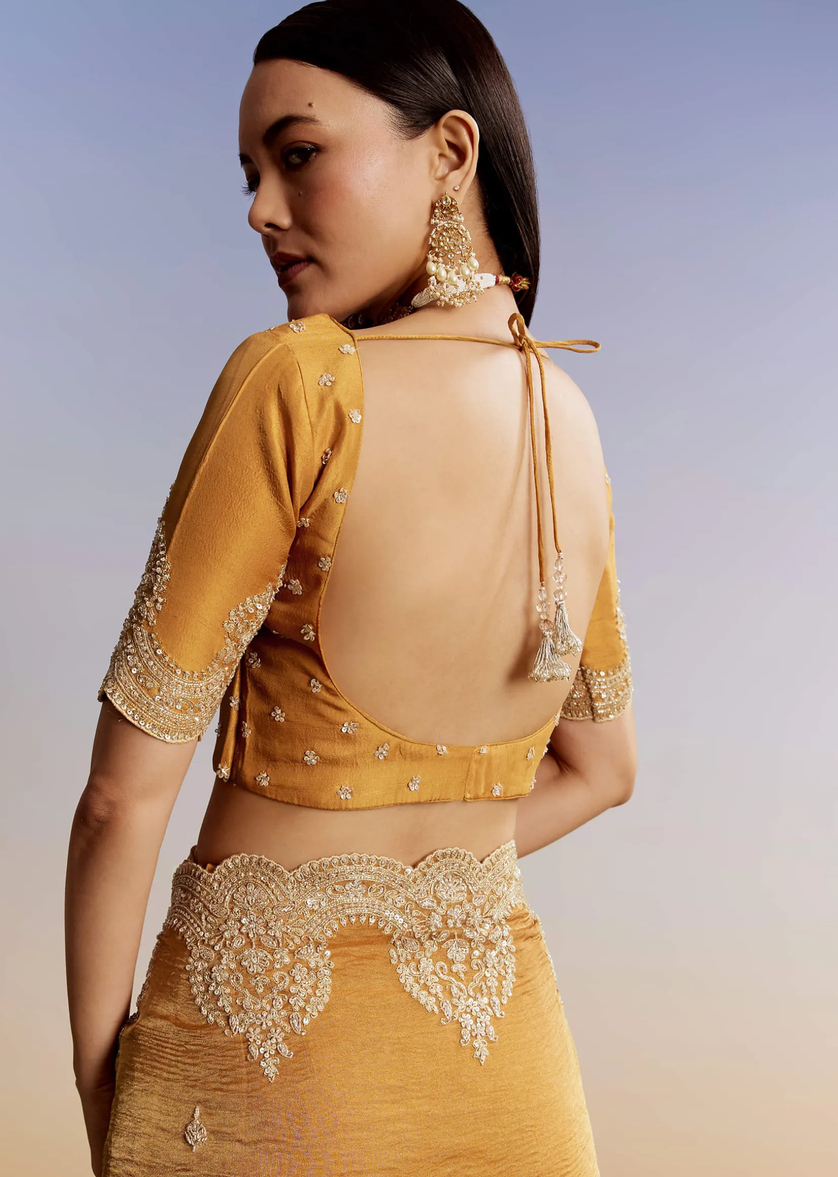 Yellow Crush Tissue Saree With Heavy Embroidered Border And Blouse