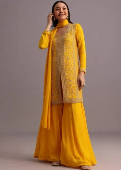 Yellow Cutdana Kurti Palazzo Suit With Dupatta