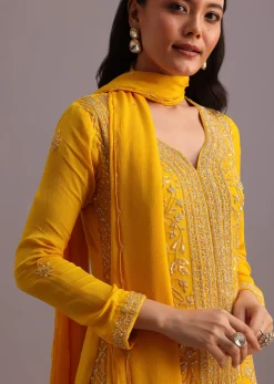 Yellow Cutdana Kurti Palazzo Suit With Dupatta
