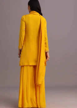 Yellow Cutdana Kurti Palazzo Suit With Dupatta