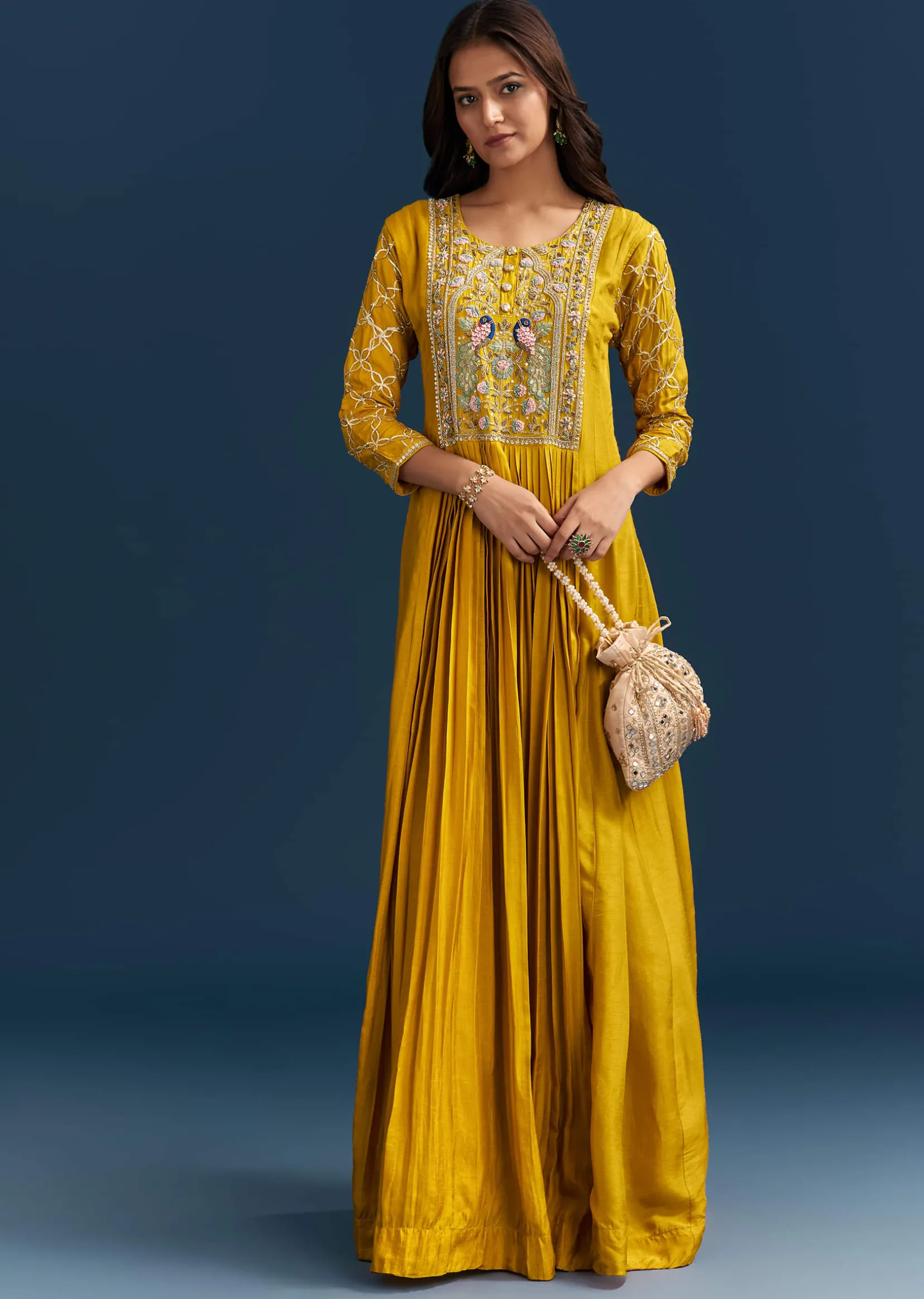 Yellow Dola Silk Anarkali Suit With Gotta Beads And Cut Dana Embellishments