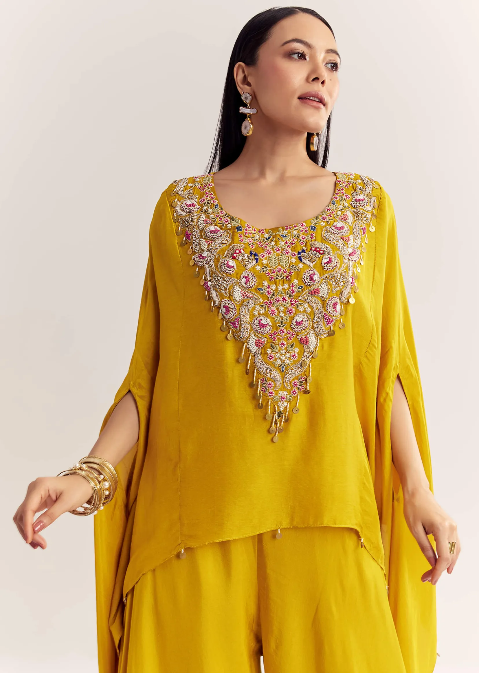 Yellow Dola Silk Cape Kurta Set With Embroidery