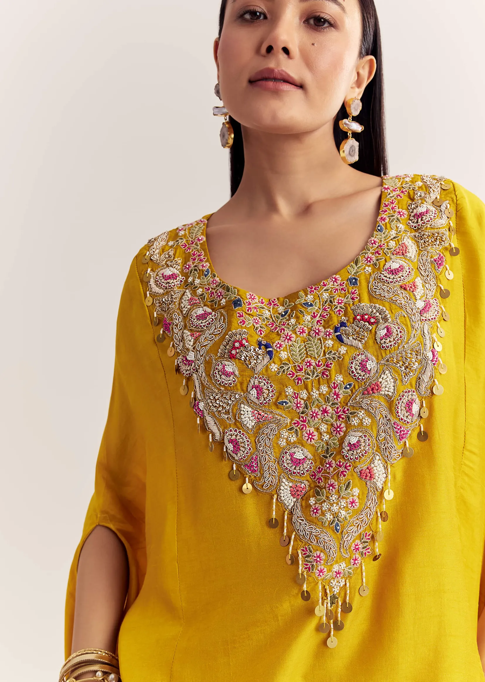 Yellow Dola Silk Cape Kurta Set With Embroidery