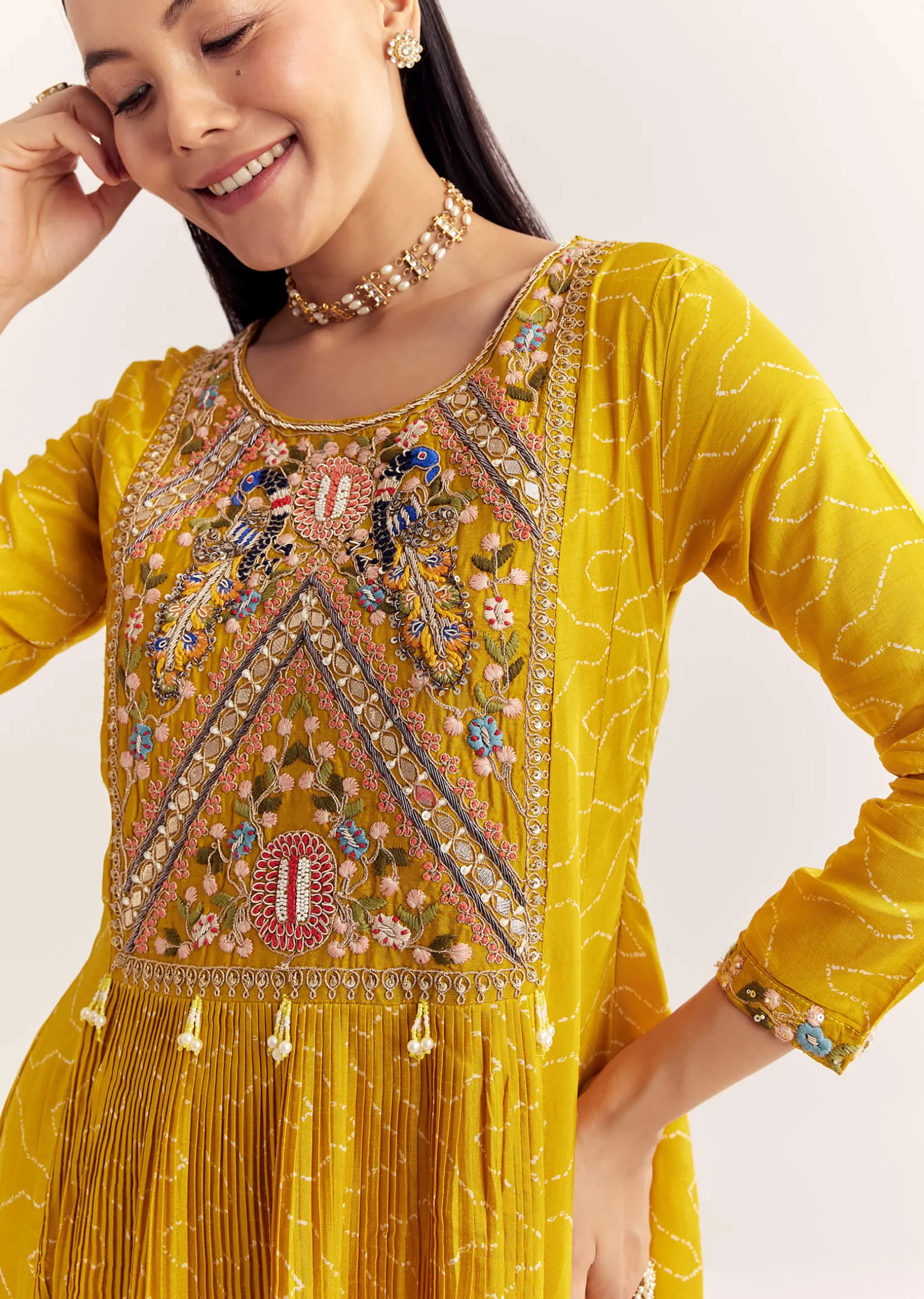 Yellow Dola Silk Gown With Embroidery