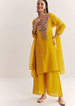 Yellow Dola Silk Kurta Dupatta Set With Zardosi And Thread Work
