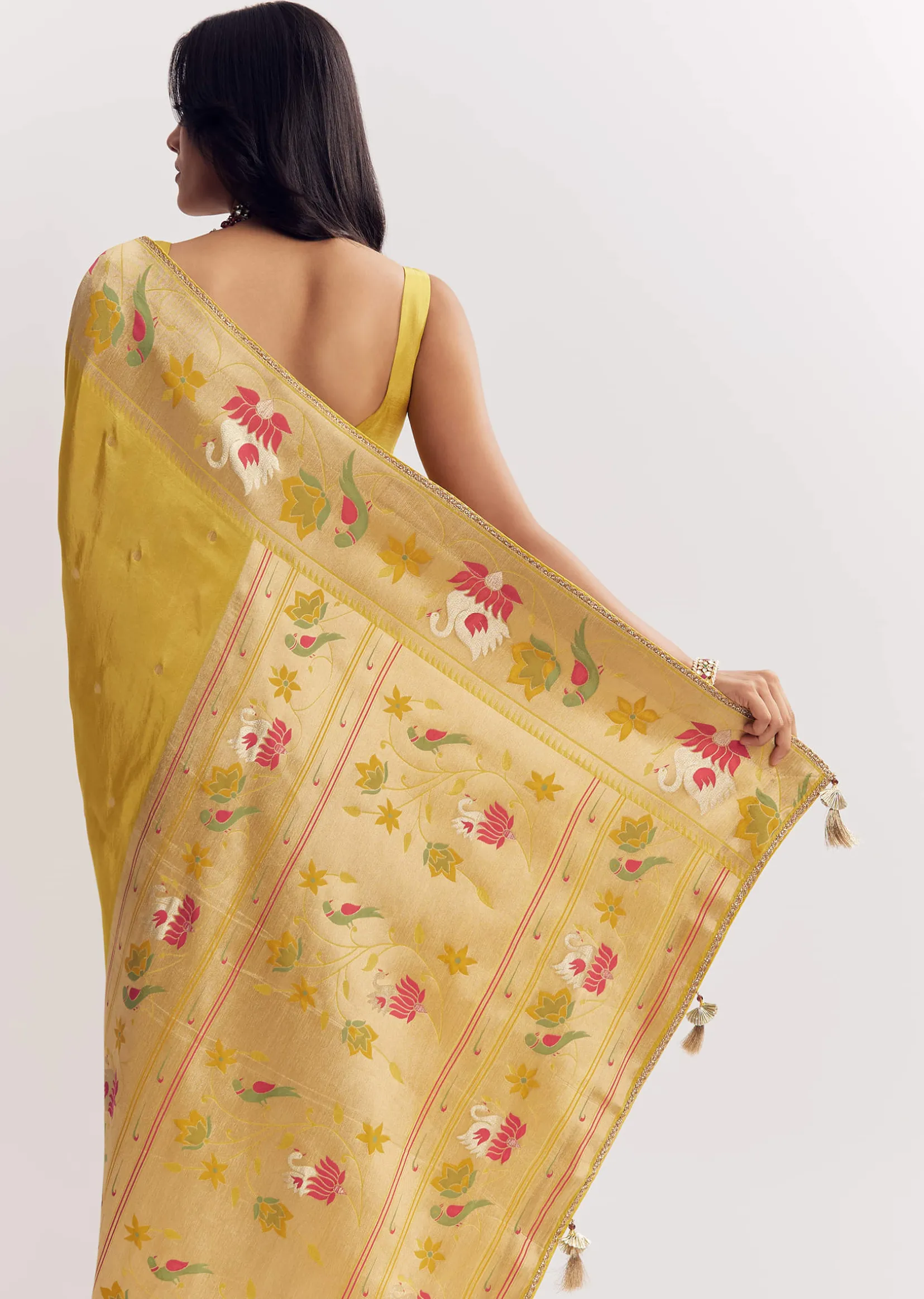 Yellow Dola Silk Paithani Saree With Dollar Butti And Multicolor Motif