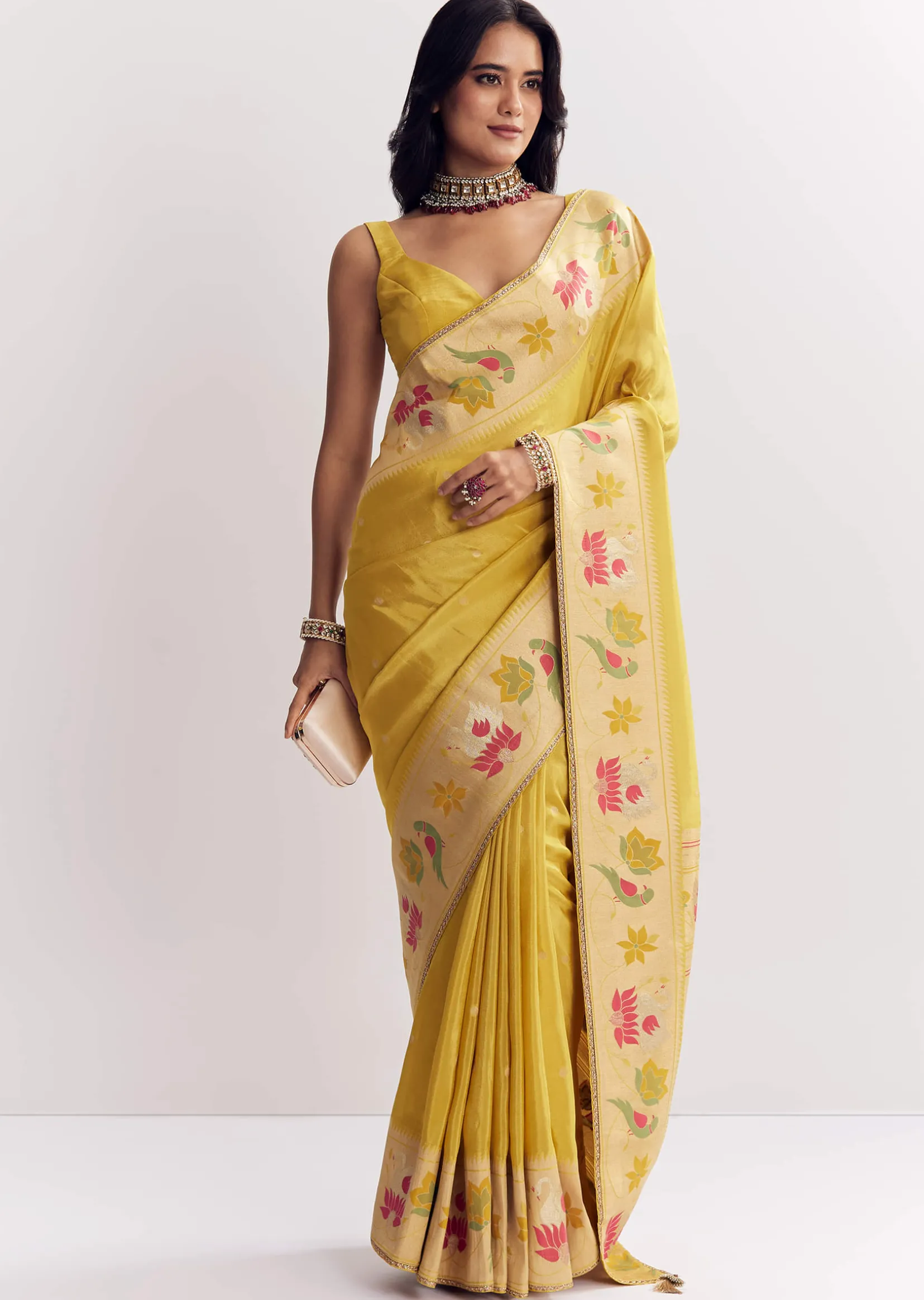 Yellow Dola Silk Paithani Saree With Dollar Butti And Multicolor Motif